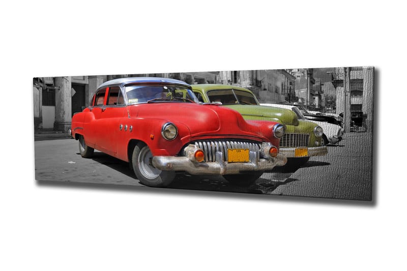 Canvastaulu 80x30 cm - Punainen vintage-auto kadulla ja vihreä auto taustalla - Punainen / Vihreä / Harmaa - Sisustustuotteet - Taulu & taide - Canvas-taulu