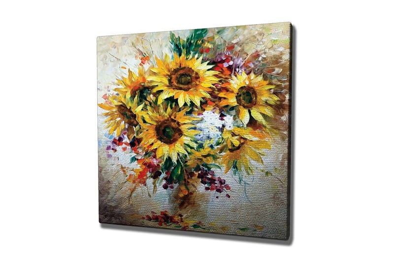 Canvastaulu - Auringonkukkia värikkäässä kimpussa, Keltainen / Vihreä / Ruskea