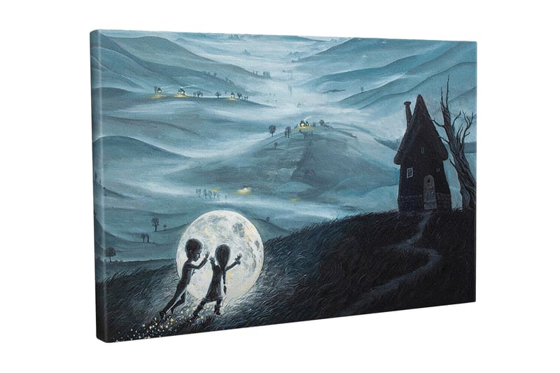 Canvastaulu - Kaksi lasta leikkimässä suuren kuun kanssa unenomaisessa maisemassa, Tummansininen / Vaaleanharmaa / Musta
