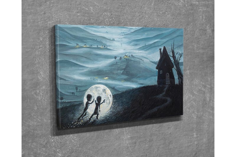 Canvastaulu - Kaksi lasta leikkimässä suuren kuun kanssa unenomaisessa maisemassa - Tummansininen / Vaaleanharmaa / Musta - Sisustustuotteet - Taulu & taide - Canvas-taulu