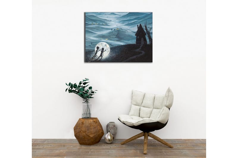 Canvastaulu - Kaksi lasta leikkimässä suuren kuun kanssa unenomaisessa maisemassa - Tummansininen / Vaaleanharmaa / Musta - Sisustustuotteet - Taulu & taide - Canvas-taulu