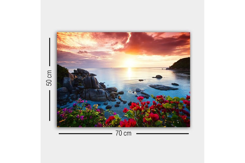 Canvastaulu - Kaunis auringonlasku meren yllä kukkien etualalla - Vaaleanpunainen / Sininen / Oranssi - Sisustustuotteet - Taulu & taide - Canvas-taulu