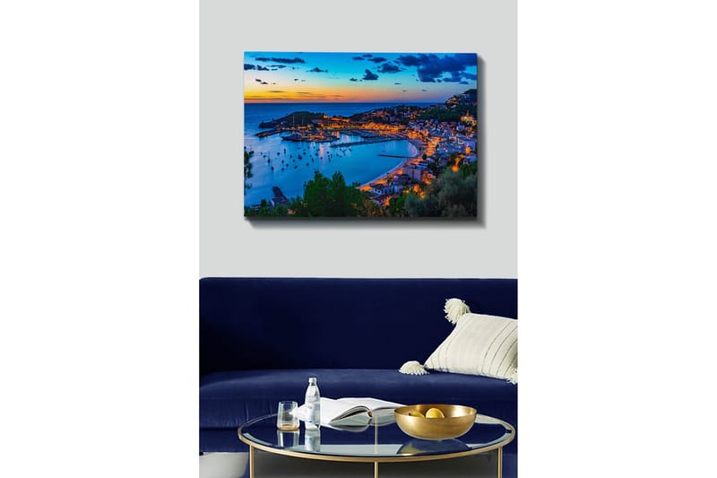 Canvastaulu - Kaunis rannikkokaupunki hämärässä veneiden kanssa satamassa - Sininen / Oranssi / Vihreä - Sisustustuotteet - Taulu & taide - Canvas-taulu