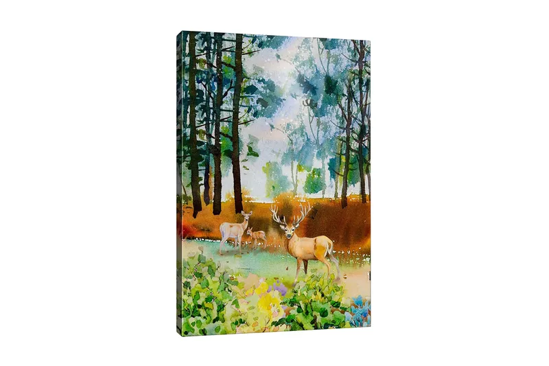 Canvastaulu - Kaunis peura metsäympäristössä, Vihreä / Ruskea / Beige