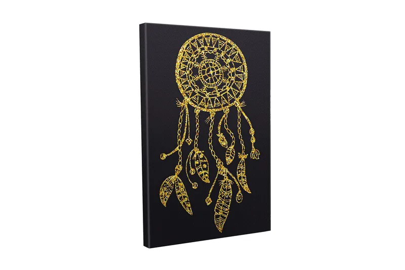 Canvastaulu - Kultainen unisieppari yksityiskohtaisilla kuvioilla ja riipuksilla, Kulta / Musta