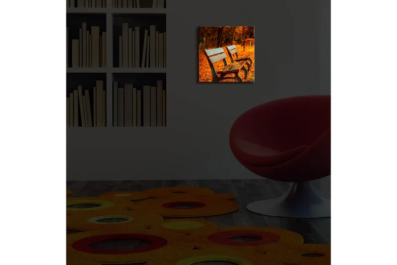 Canvastaulu LED-valaistuksella 28x28 cm - Penkkejä lämpimien syksyn lehtien ympäröimänä - Oranssi / Ruskea - Sisustustuotteet - Taulu & taide - Canvas-taulu