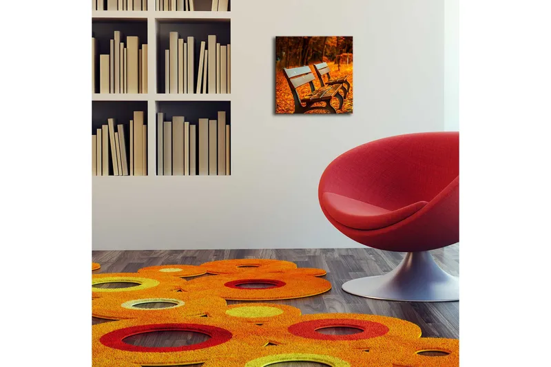 Canvastaulu LED-valaistuksella 28x28 cm - Penkkejä lämpimien syksyn lehtien ympäröimänä - Oranssi / Ruskea - Sisustustuotteet - Taulu & taide - Canvas-taulu