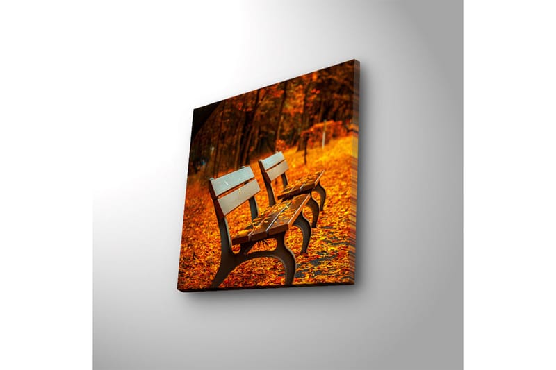 Canvastaulu LED-valaistuksella 28x28 cm - Penkkejä lämpimien syksyn lehtien ympäröimänä - Oranssi / Ruskea - Sisustustuotteet - Taulu & taide - Canvas-taulu