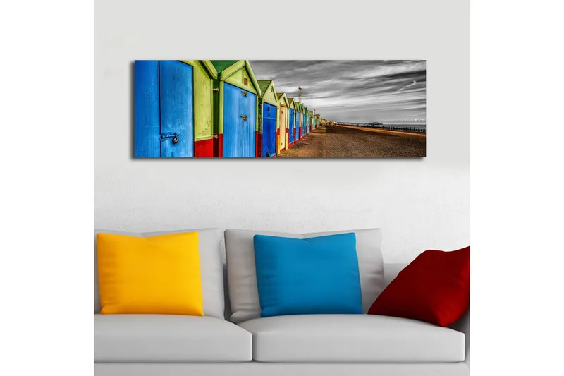 Canvastaulu LED-valaistuksella 30x90 cm - Värikkäät kylpylät rivissä rannalla - Sininen / Vihreä / Punainen - Sisustustuotteet - Taulu & taide - Canvas-taulu