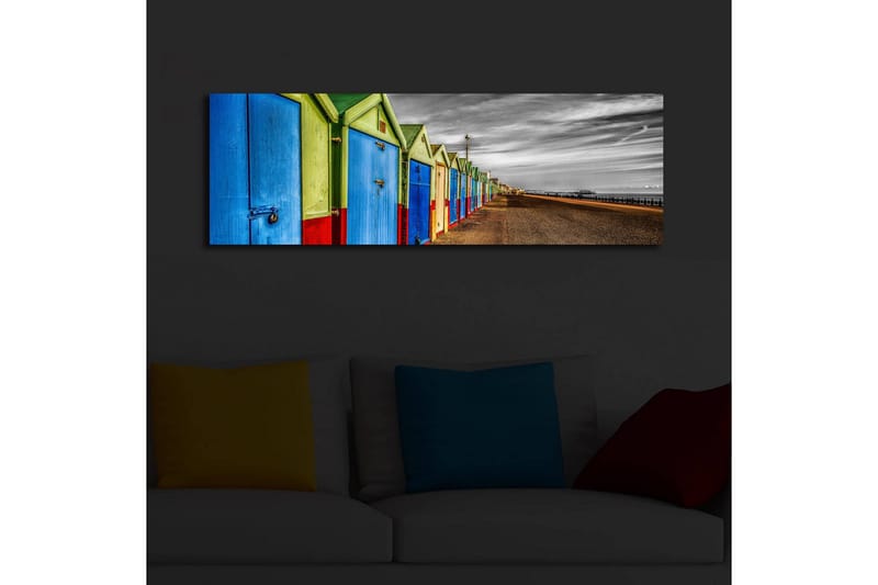 Canvastaulu LED-valaistuksella 30x90 cm - Värikkäät kylpylät rivissä rannalla - Sininen / Vihreä / Punainen - Sisustustuotteet - Taulu & taide - Canvas-taulu