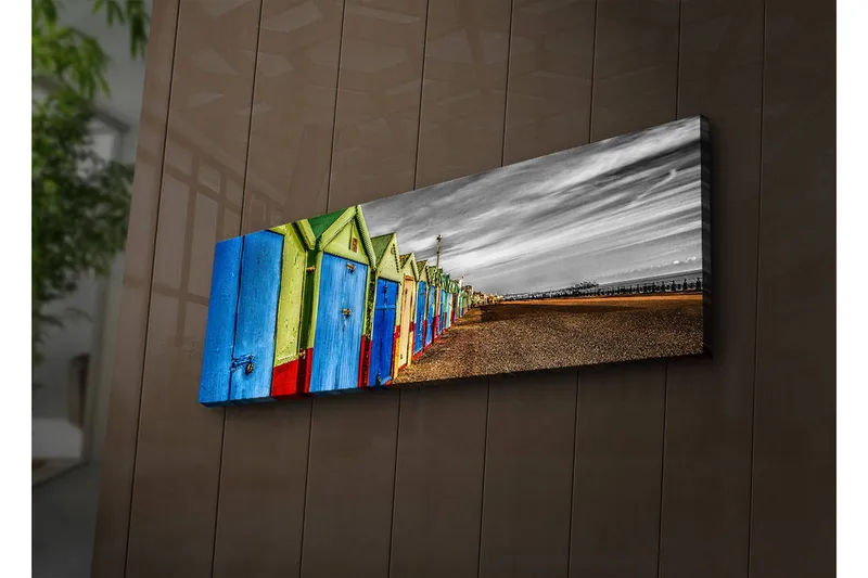 Canvastaulu LED-valaistuksella 30x90 cm - Värikkäät kylpylät rivissä rannalla, Sininen / Vihreä / Punainen