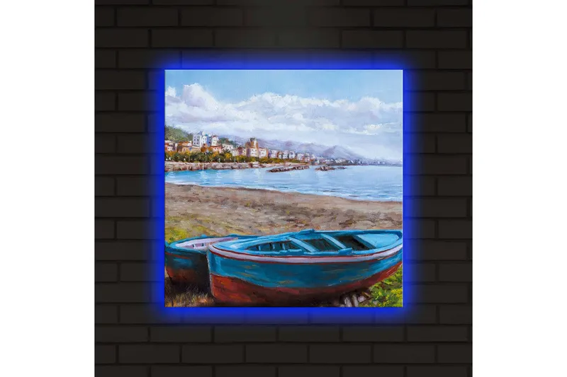 Canvastaulu LED-valaistuksella 40x40 cm - Vene rannalla kauniilla merinäköalalla - Sininen / Vihreä / Ruskea - Sisustustuotteet - Taulu & taide - Canvas-taulu