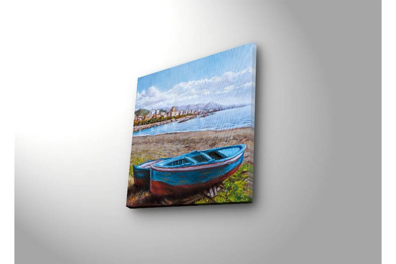 Canvastaulu LED-valaistuksella 40x40 cm - Vene rannalla kauniilla merinäköalalla - Sininen / Vihreä / Ruskea - Sisustustuotteet - Taulu & taide - Canvas-taulu