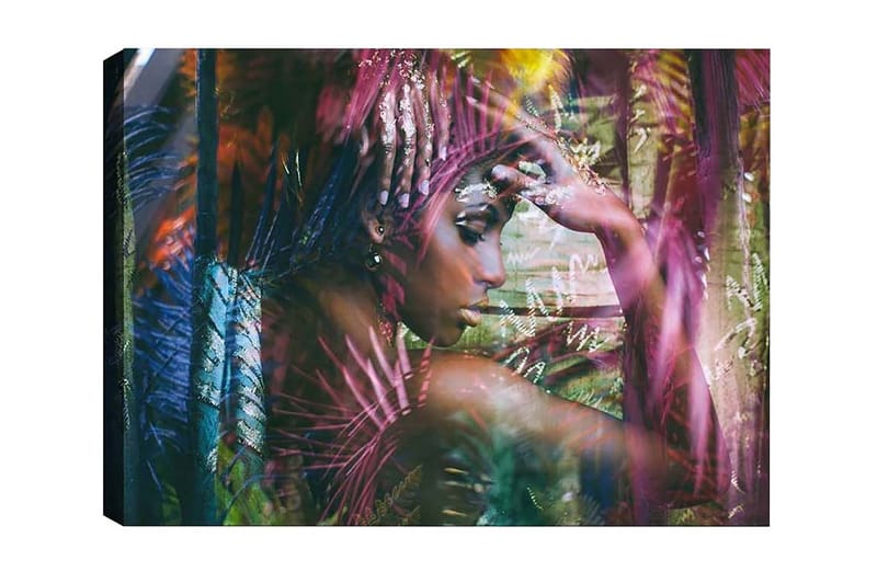 Canvastaulu - Muotokuva naisesta värikkäiden kasvien ympäröimänä, Vihreä / Vaaleanpunainen / Sininen