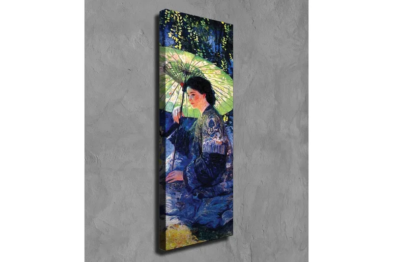 Canvastaulu - Nainen aurinkovarjon kanssa vehreässä ympäristössä - Tummansininen / Vihreä / Musta - Sisustustuotteet - Taulu & taide - Canvas-taulu