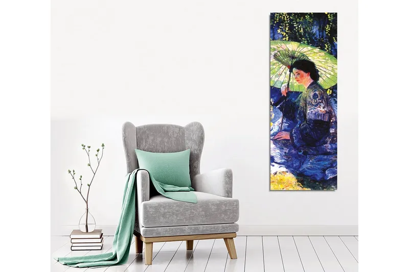 Canvastaulu - Nainen aurinkovarjon kanssa vehreässä ympäristössä - Tummansininen / Vihreä / Musta - Sisustustuotteet - Taulu & taide - Canvas-taulu