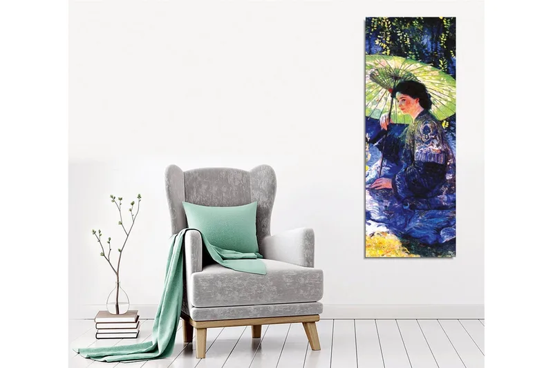 Canvastaulu - Nainen aurinkovarjon kanssa vehreässä ympäristössä - Tummansininen / Vihreä / Musta - Sisustustuotteet - Taulu & taide - Canvas-taulu