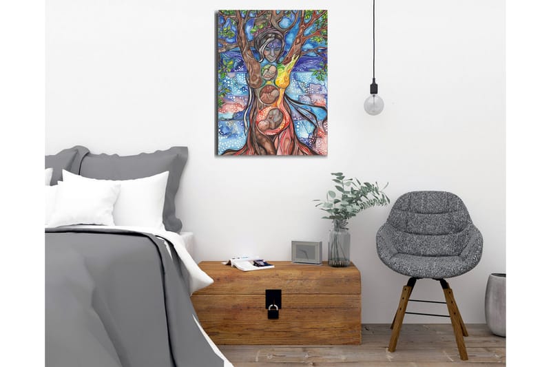 Canvastaulu - Naishahmo yhdistää ihmisen ja luonnon puun juurien ja oksien kautta - Vihreä / Sininen / Ruskea - Sisustustuotteet - Taulu & taide - Canvas-taulu