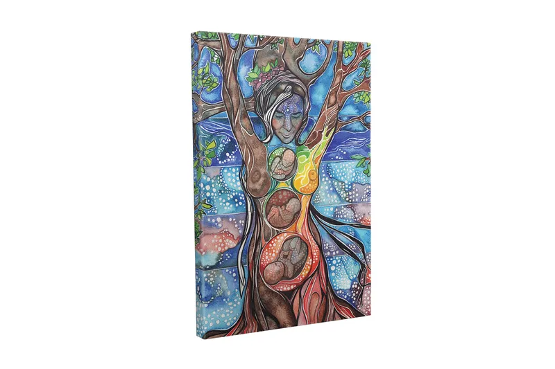 Canvastaulu - Naishahmo yhdistää ihmisen ja luonnon puun juurien ja oksien kautta, Vihreä / Sininen / Ruskea