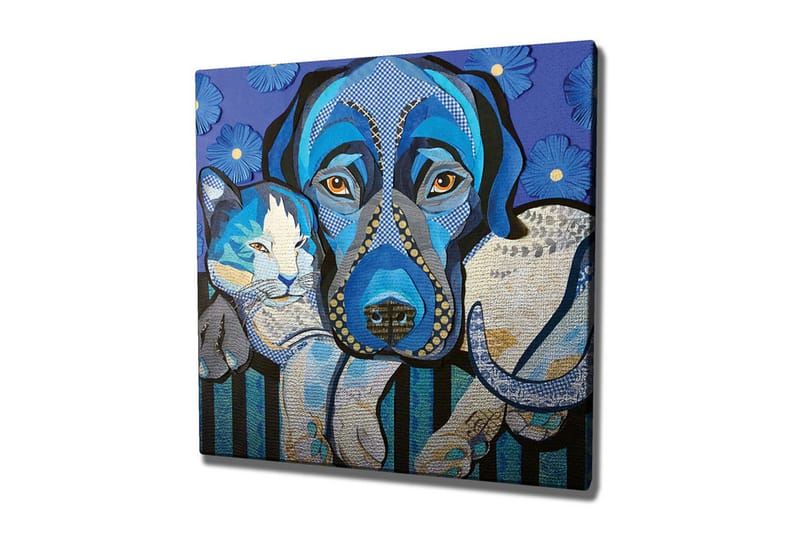 Canvastaulu - Sininen koira ja kissa leikkisässä sommitelmassa - Sininen / Valkoinen / Musta - Sisustustuotteet - Taulu & taide - Canvas-taulu
