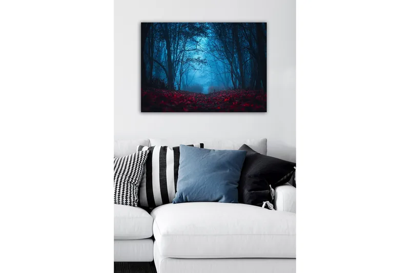 Canvastaulu - Sumuinen metsä punertavilla lehdillä salaperäisessä tunnelmassa - Tummansininen / Punainen - Sisustustuotteet - Taulu & taide - Canvas-taulu