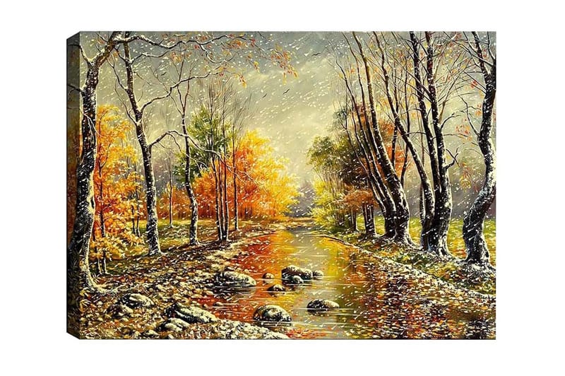 Canvastaulu - Syysmaisema värikkäillä puilla ja peilimäisellä joella, Oranssi / Vihreä / Ruskea