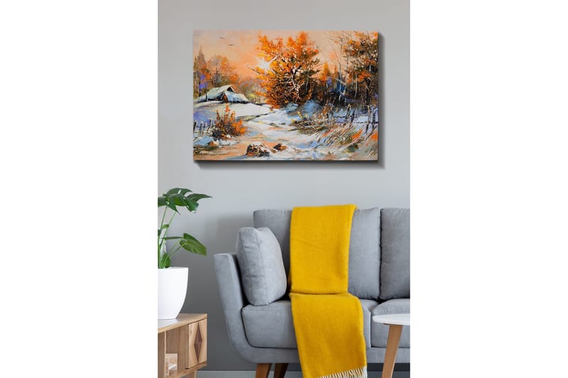 Canvastaulu - Syysmaisema yksinäisellä talolla ja värikkäillä puilla - Oranssi / Valkoinen / Sininen - Sisustustuotteet - Taulu & taide - Canvas-taulu