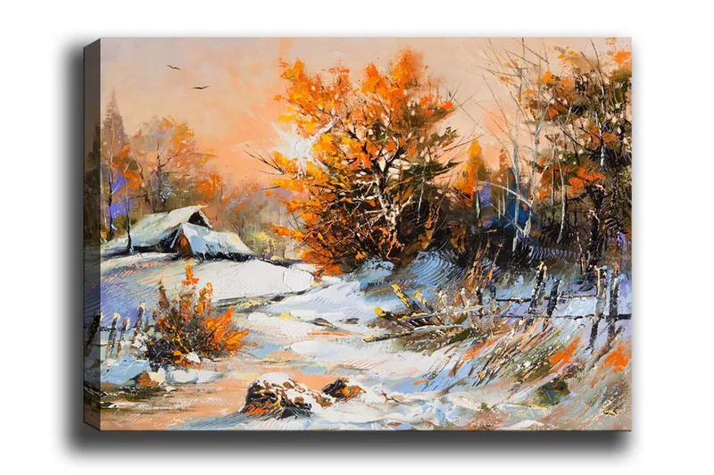 Canvastaulu - Syysmaisema yksinäisellä talolla ja värikkäillä puilla, Oranssi / Valkoinen / Sininen