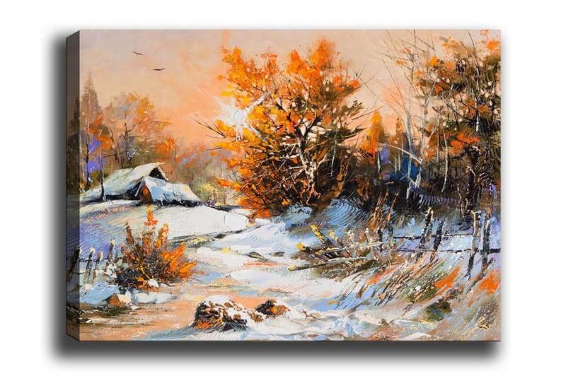 Canvastaulu - Syysmaisema yksinäisellä talolla ja värikkäillä puilla, Oranssi / Valkoinen / Sininen