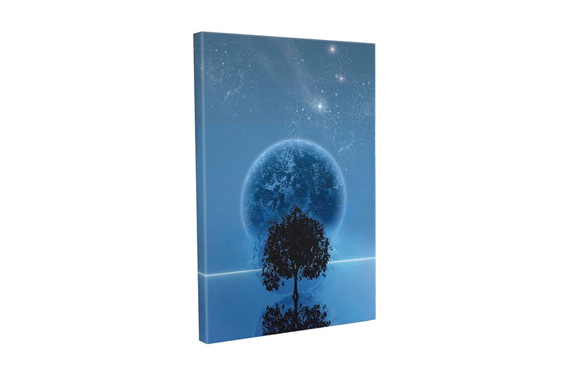 Canvastaulu - Tähtikirkas yö, iso kuu ja puun siluetti horisontissa, Tummansininen / Musta / Vaaleansininen