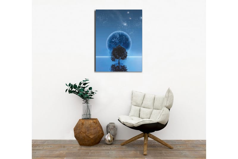 Canvastaulu - Tähtikirkas yö, iso kuu ja puun siluetti horisontissa - Tummansininen / Musta / Vaaleansininen - Sisustustuotteet - Taulu & taide - Canvas-taulu