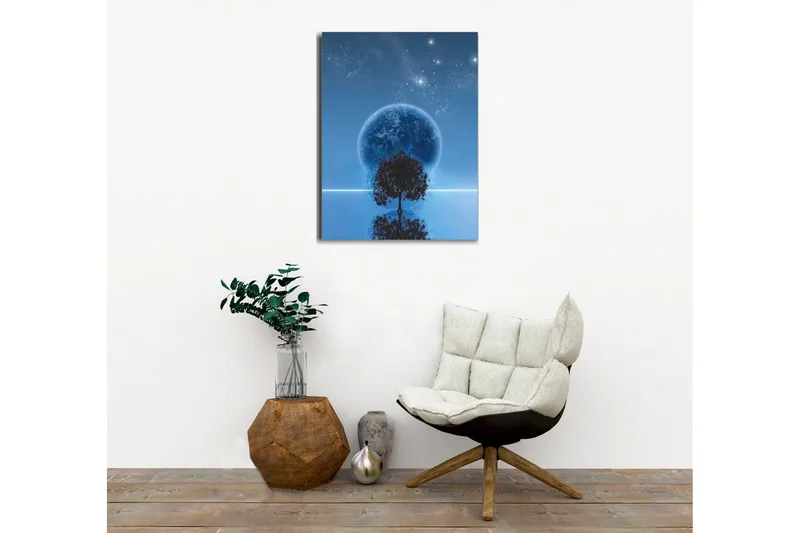 Canvastaulu - Tähtikirkas yö, iso kuu ja puun siluetti horisontissa - Tummansininen / Musta / Vaaleansininen - Sisustustuotteet - Taulu & taide - Canvas-taulu
