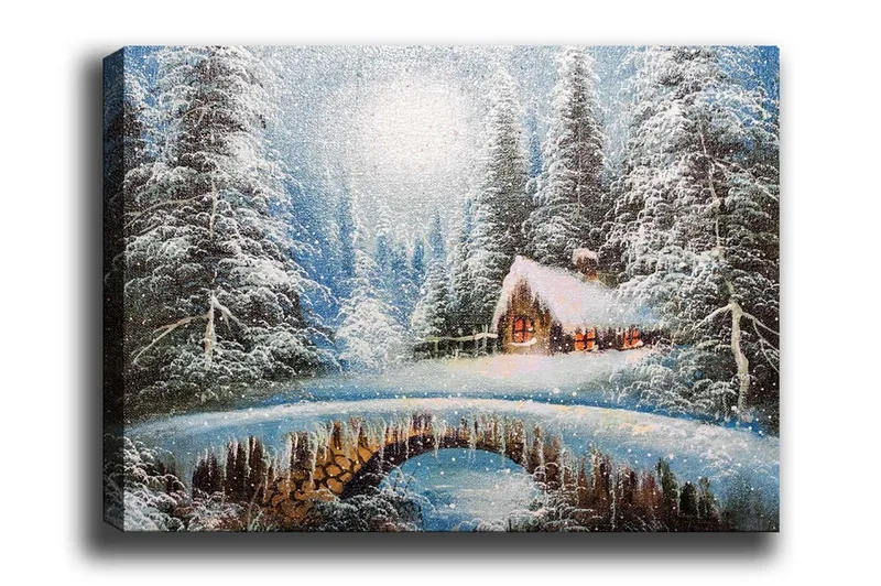 Canvastaulu - Talvimaisema mökillä ja lumipeitteisillä puilla, Sininen / Valkoinen / Ruskea
