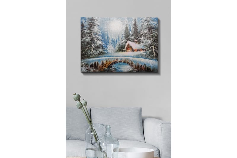 Canvastaulu - Talvimaisema mökillä ja lumipeitteisillä puilla - Sininen / Valkoinen / Ruskea - Sisustustuotteet - Taulu & taide - Canvas-taulu