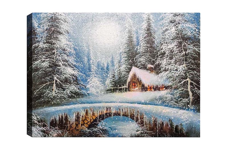 Canvastaulu - Talvimaisema mökillä ja lumipeitteisillä puilla, Valkoinen / Sininen / Ruskea