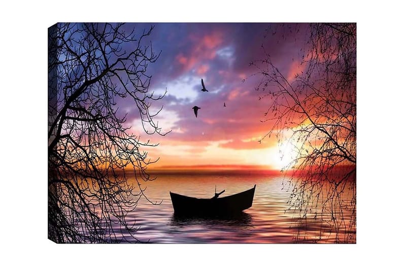 Canvastaulu - Tunnelmallinen auringonlasku tyynen järven yllä, vene tarkentuneena, Violetti / Oranssi / Musta