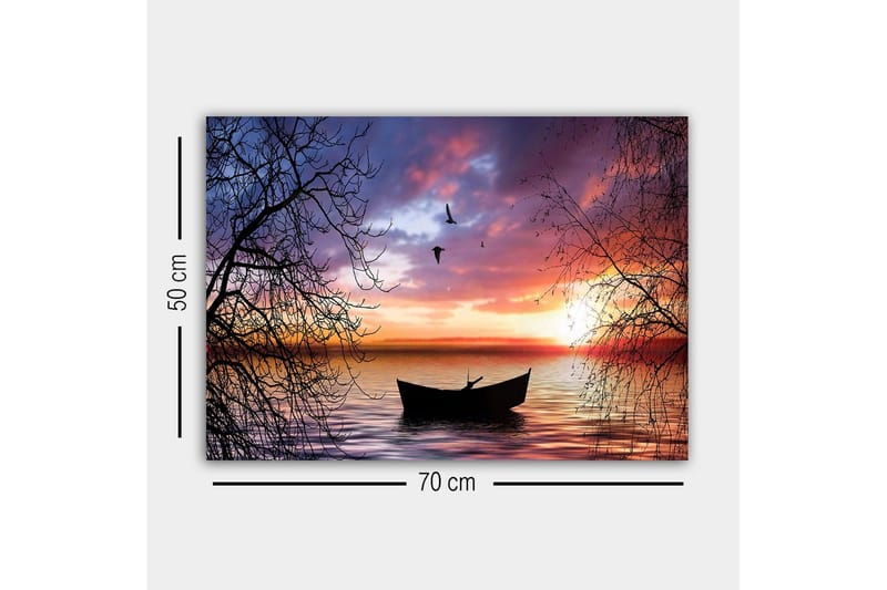 Canvastaulu - Tunnelmallinen auringonlasku tyynen järven yllä, vene tarkentuneena - Violetti / Oranssi / Musta - Sisustustuotteet - Taulu & taide - Canvas-taulu