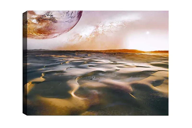 Canvastaulu - Upea aavikkomaisema planeetan taustalla, Kulta / Harmaa / Oranssi