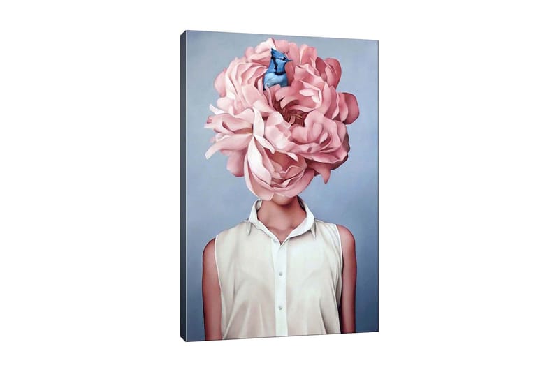 Canvastaulu - Upea kukka korvaa naisen pään, Vaaleanpunainen / Sininen / Valkoinen