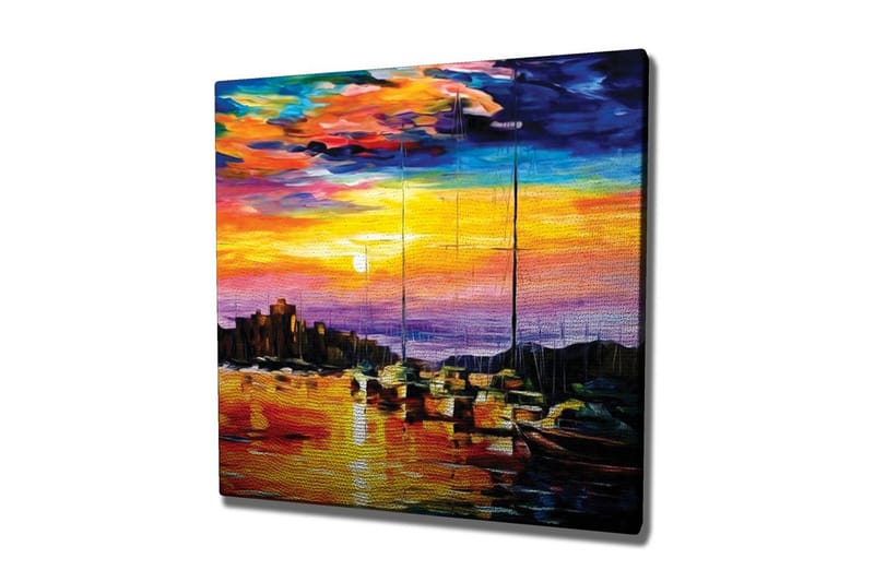 Canvastaulu - Värikäs auringonlasku sataman ja purjeveneiden yllä, Oranssi / Violetti / Sininen