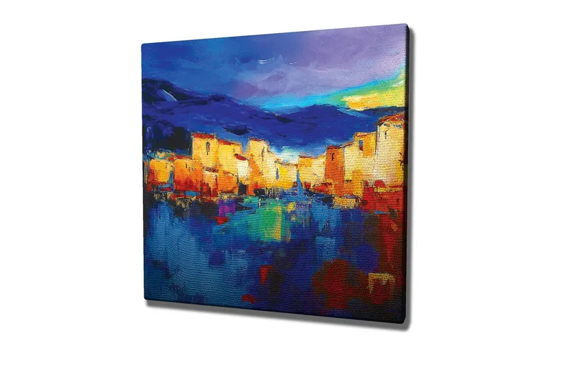 Canvastaulu - Värikäs kaupunkikuva veden äärellä heijastuksilla, Sininen / Oranssi / Keltainen