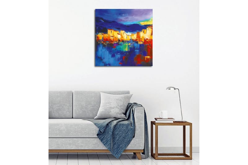 Canvastaulu - Värikäs kaupunkikuva veden äärellä heijastuksilla - Sininen / Oranssi / Keltainen - Sisustustuotteet - Taulu & taide - Canvas-taulu