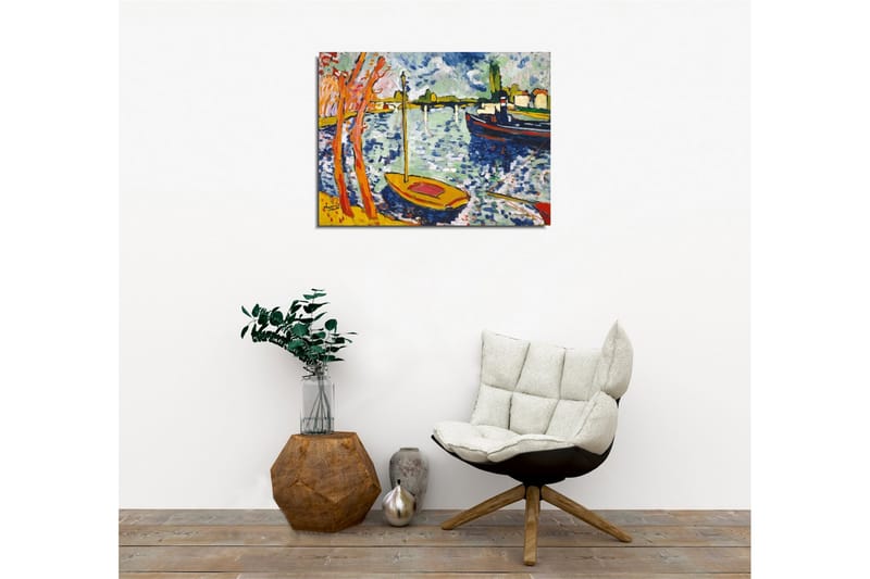 Canvastaulu - Värikäs satama purjeveneillä ja puilla etualalla - Sininen / Oranssi / Vihreä - Sisustustuotteet - Taulu & taide - Canvas-taulu