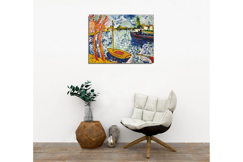 Canvastaulu - Värikäs satama purjeveneillä ja puilla etualalla - Sininen / Oranssi / Vihreä - Sisustustuotteet - Taulu & taide - Canvas-taulu