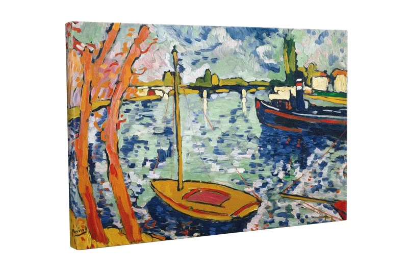 Canvastaulu - Värikäs satama purjeveneillä ja puilla etualalla, Sininen / Oranssi / Vihreä