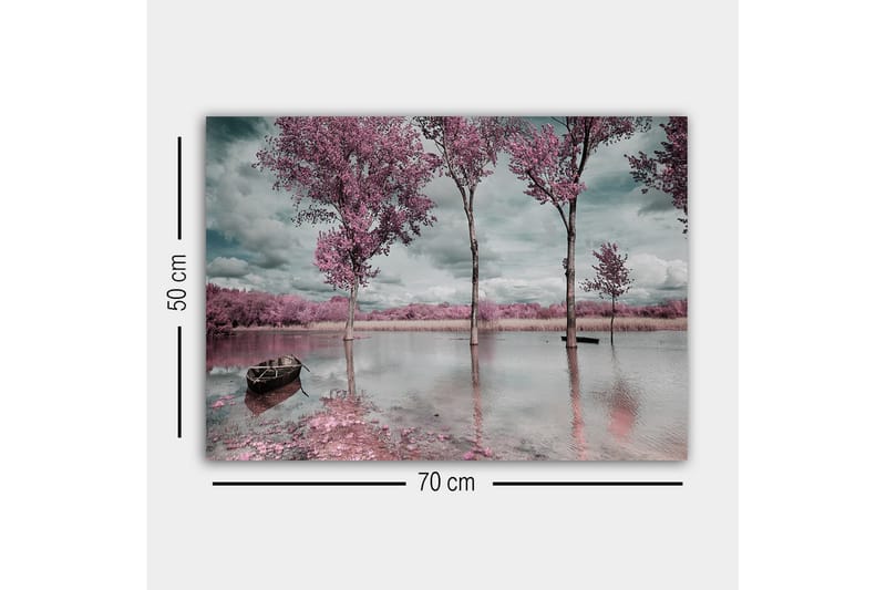Canvastaulu - Vaaleanpunaisia puita peilimäisen järven rannalla, vene etualalla - Vaaleanpunainen / Harmaa / Sininen - Sisustustuotteet - Taulu & taide - Canvas-taulu