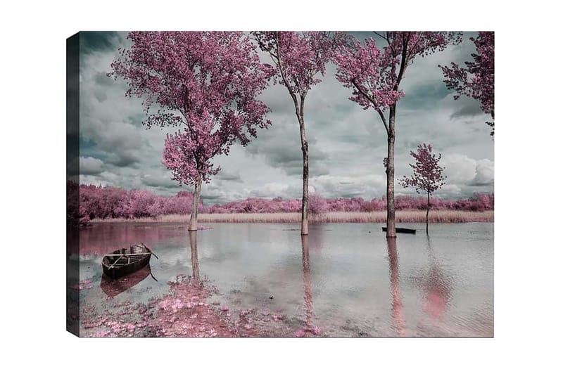 Canvastaulu - Vaaleanpunaisia puita peilimäisen järven rannalla, vene etualalla, Vaaleanpunainen / Harmaa / Sininen