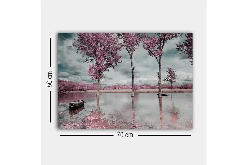 Canvastaulu - Vaaleanpunaisia puita peilimäisen järven rannalla, vene etualalla - Vaaleanpunainen / Harmaa / Sininen - Sisustustuotteet - Taulu & taide - Canvas-taulu