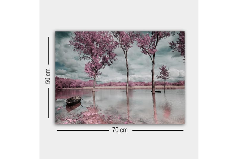 Canvastaulu - Vaaleanpunaisia puita peilimäisen järven rannalla, vene etualalla - Vaaleanpunainen / Harmaa / Sininen - Sisustustuotteet - Taulu & taide - Canvas-taulu