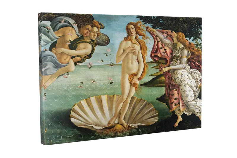Canvastaulu - Venus nousee merestä simpukankuoren selässä, Ihonväri / Taivaansininen / Vihreä